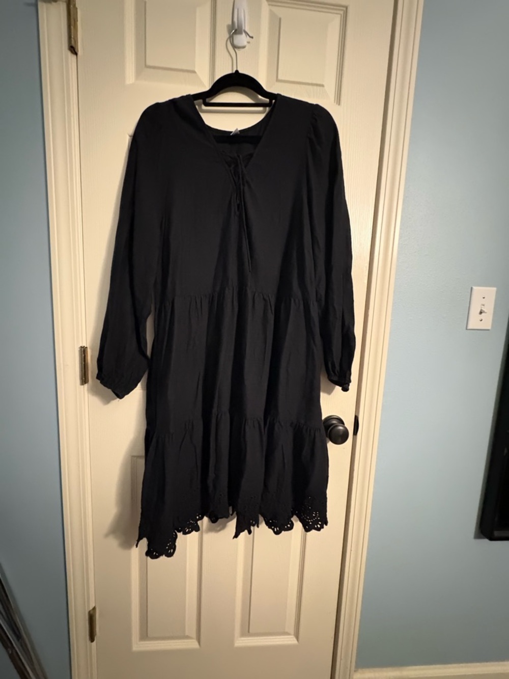 Old Navy Black Long Sleeve Tie-Neck Tiered Dress